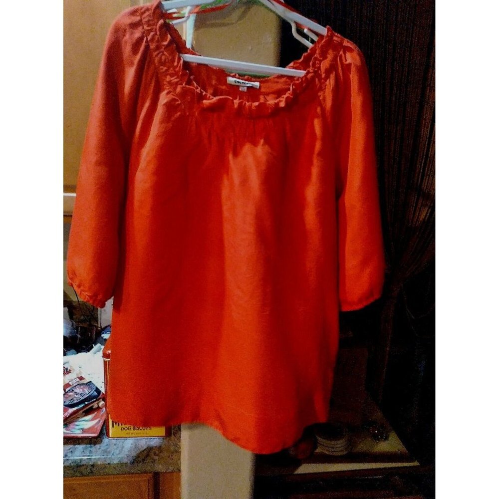 DKNYC RED 100% Silk Boho Peasant Bell Sleeve Shirt Top Blouse Size MED pockets